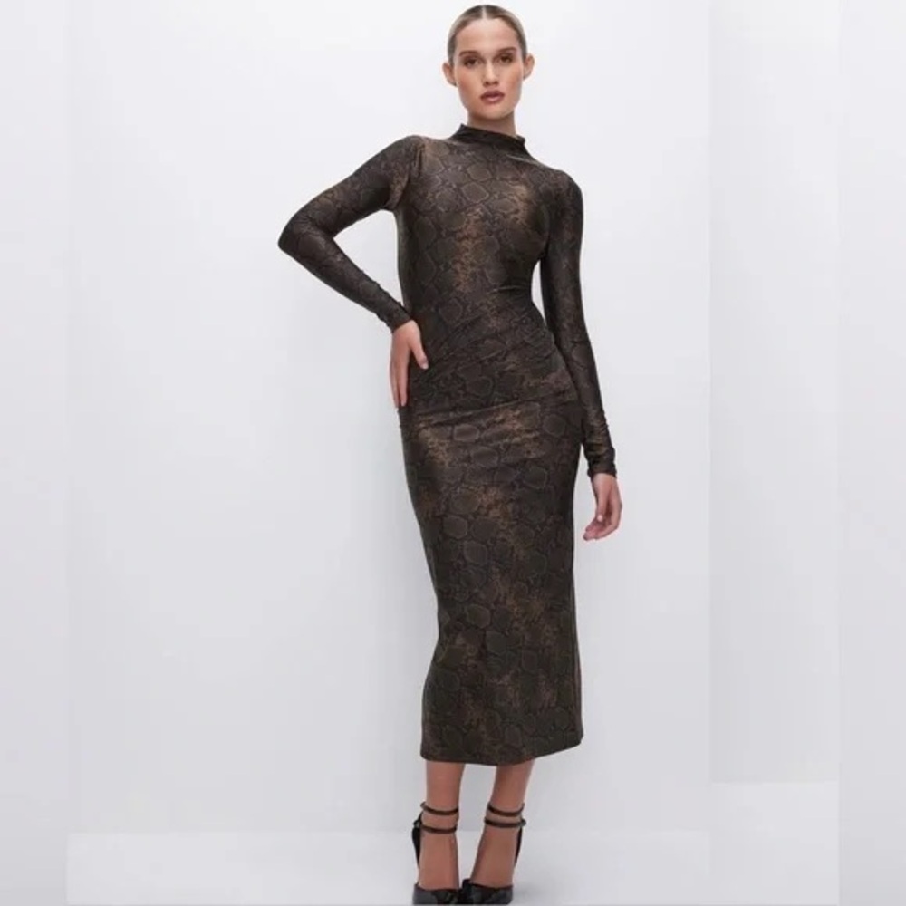 Good American Long Sleeve Snake Print Dress - Black and Brown